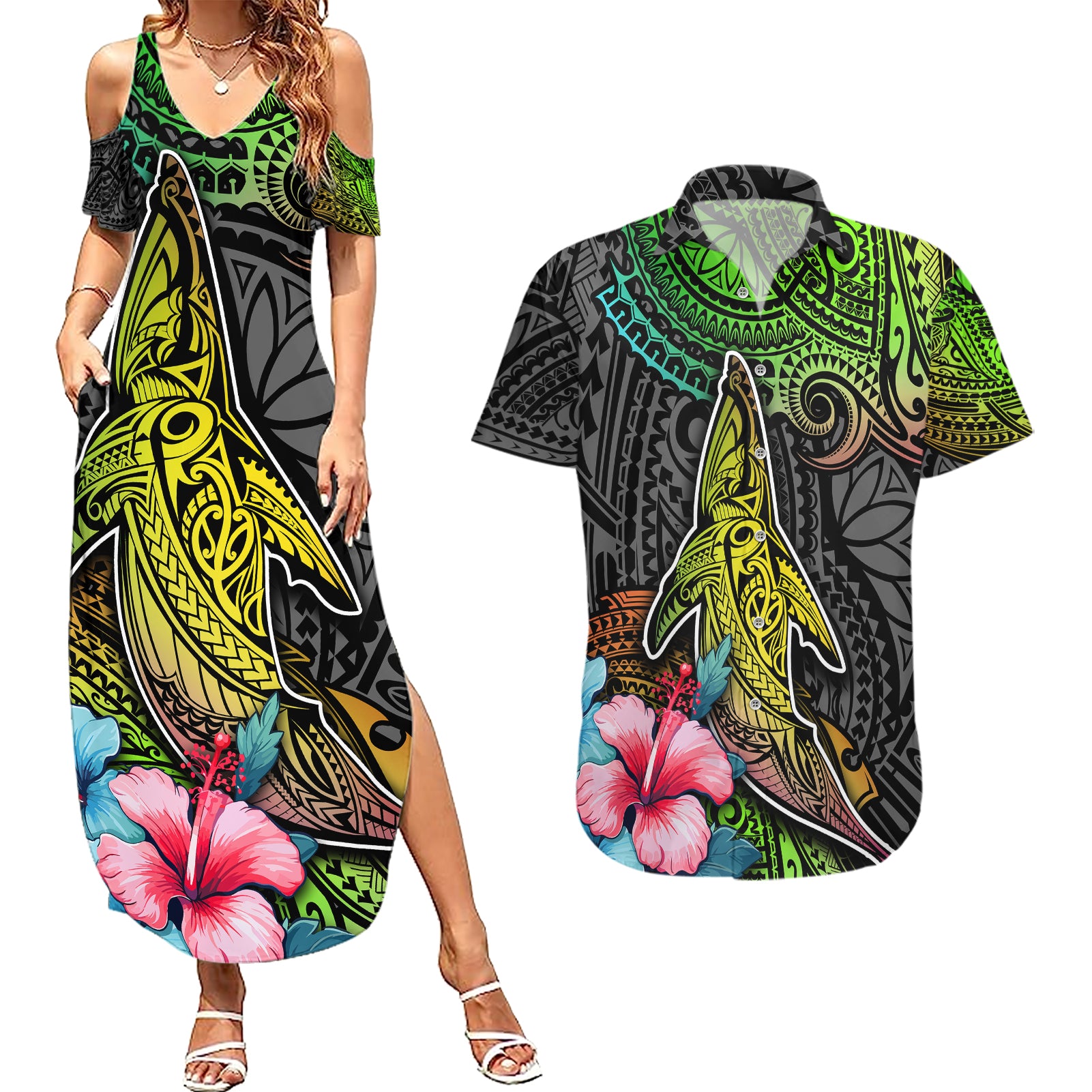 Polynesian Couples Matching Summer Maxi Dress and Hawaiian Shirt Whales and Compass Gradient Pattern TS04 Gradient - Polynesian Pride
