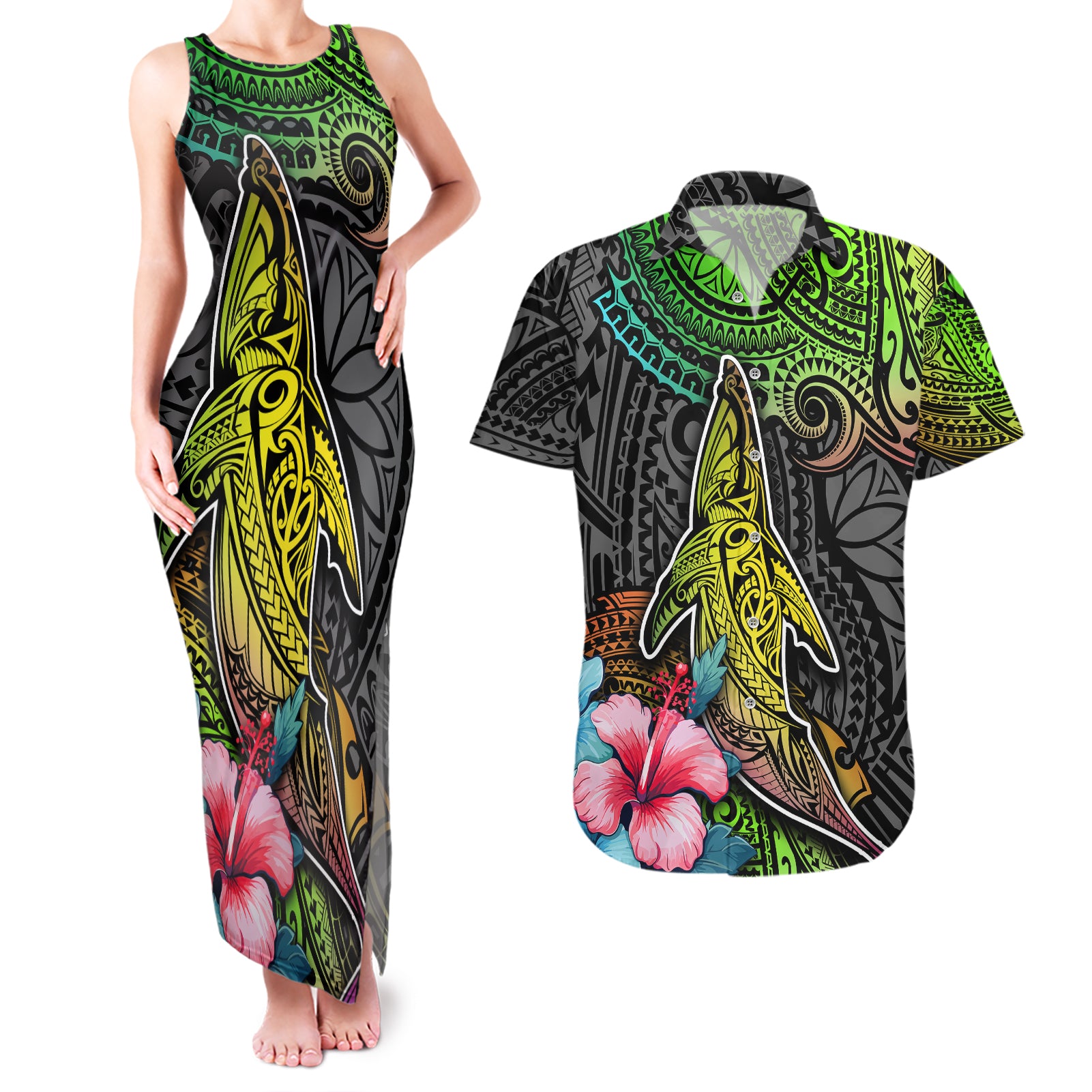 Polynesian Couples Matching Tank Maxi Dress and Hawaiian Shirt Whales and Compass Gradient Pattern TS04 Gradient - Polynesian Pride