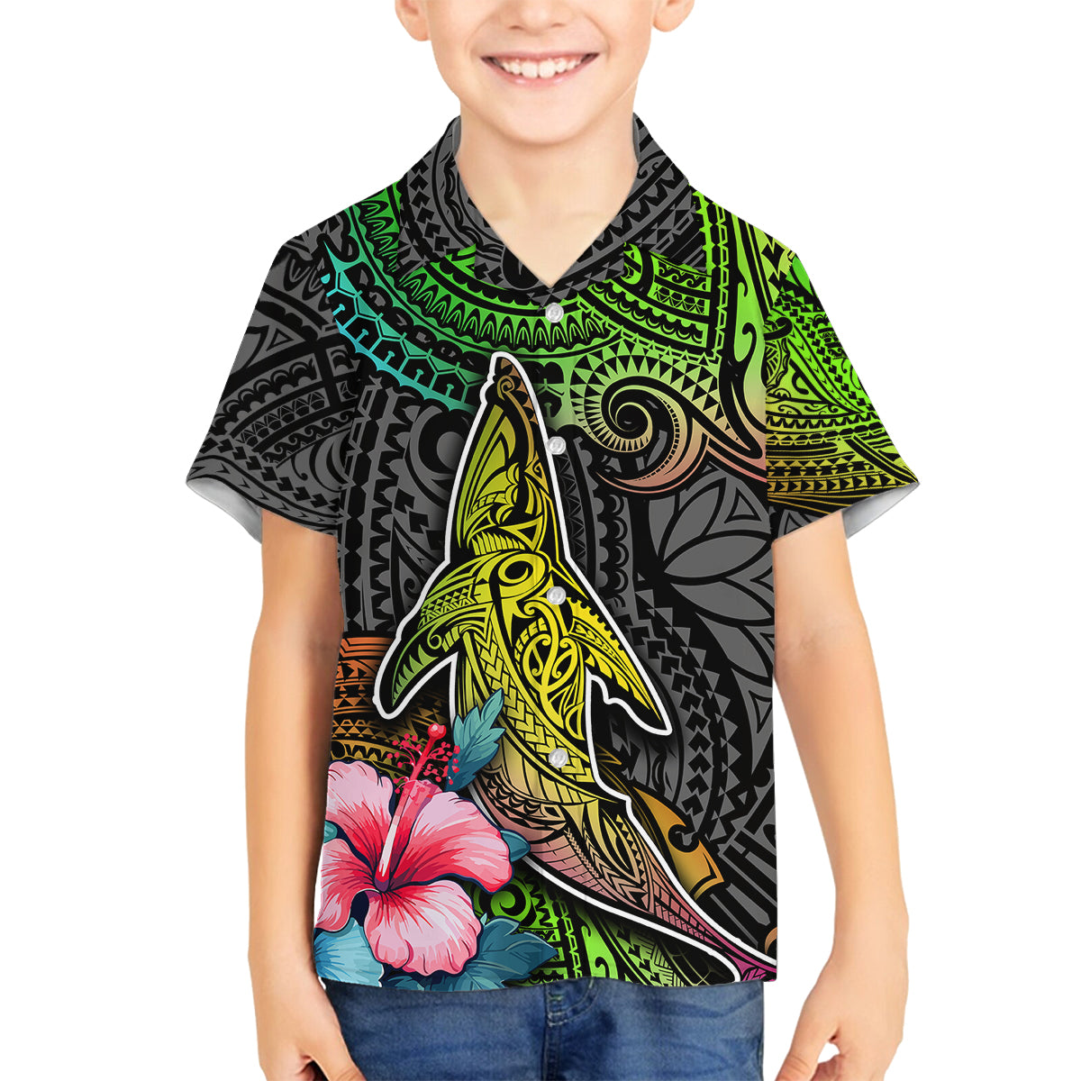 Polynesian Family Matching Long Sleeve Bodycon Dress and Hawaiian Shirt Whales and Compass Gradient Pattern TS04 Son's Shirt Gradient - Polynesian Pride