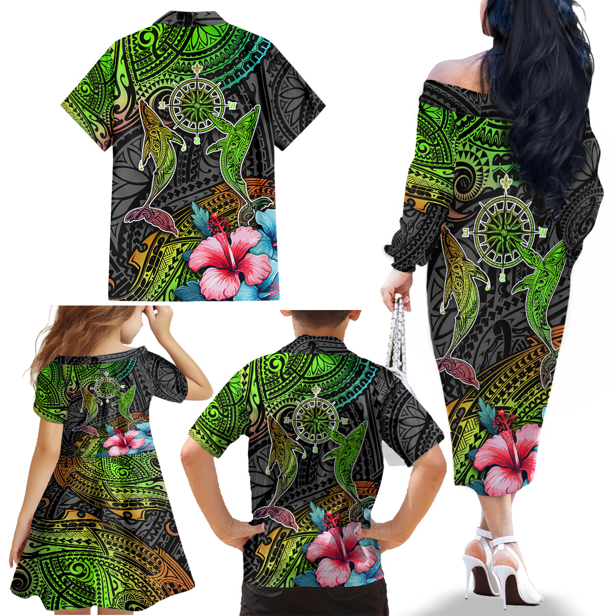 Polynesian Family Matching Off Shoulder Long Sleeve Dress and Hawaiian Shirt Whales and Compass Gradient Pattern TS04 - Polynesian Pride