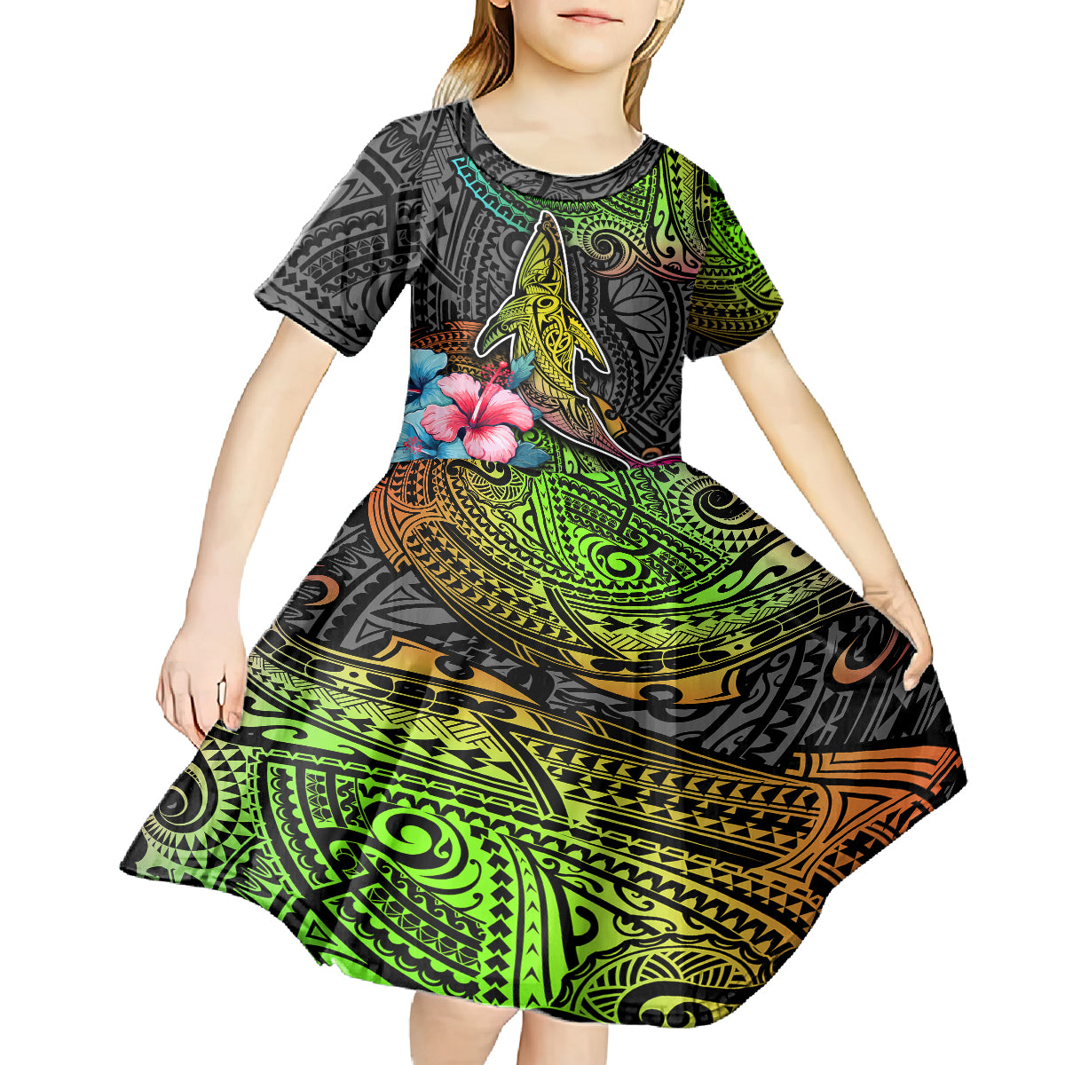 Polynesian Kid Short Sleeve Dress Whales and Compass Gradient Pattern TS04 - Polynesian Pride