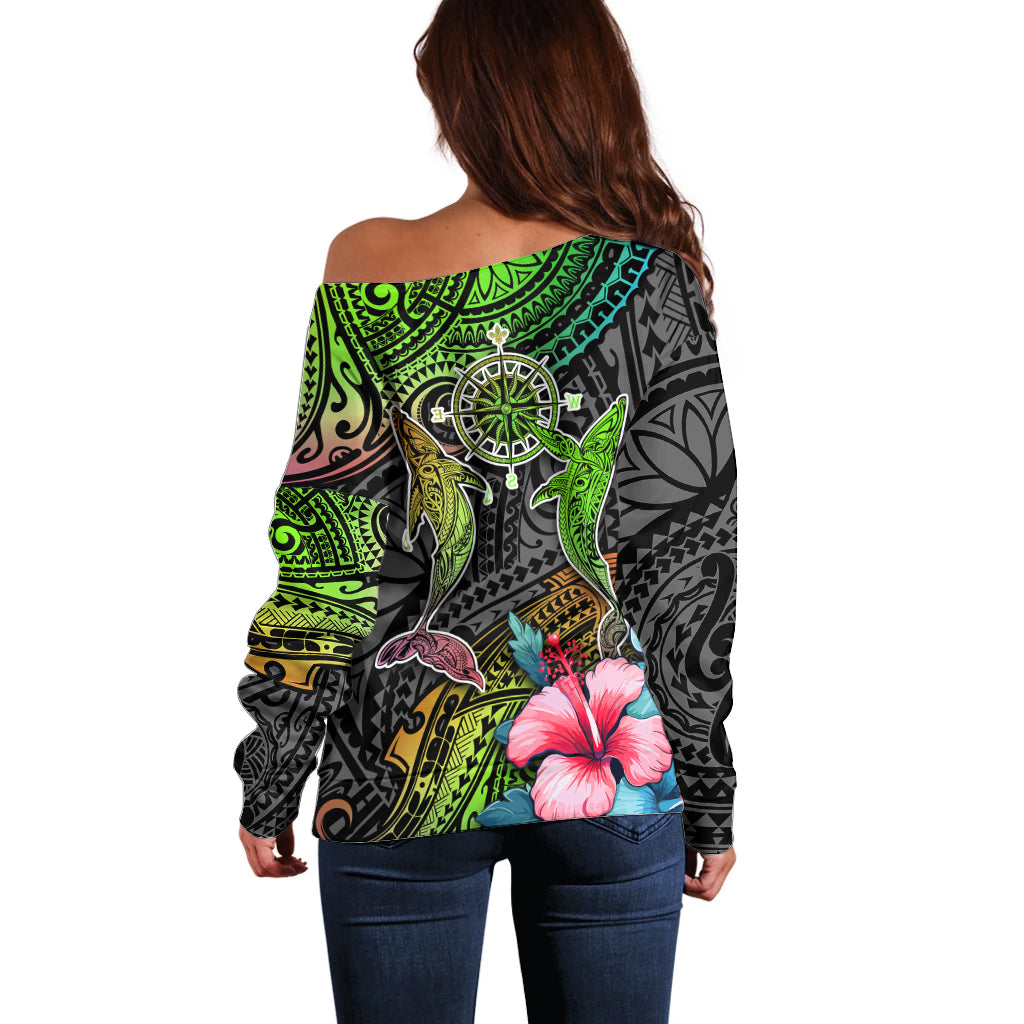 Polynesian Off Shoulder Sweater Whales and Compass Gradient Pattern TS04 - Polynesian Pride