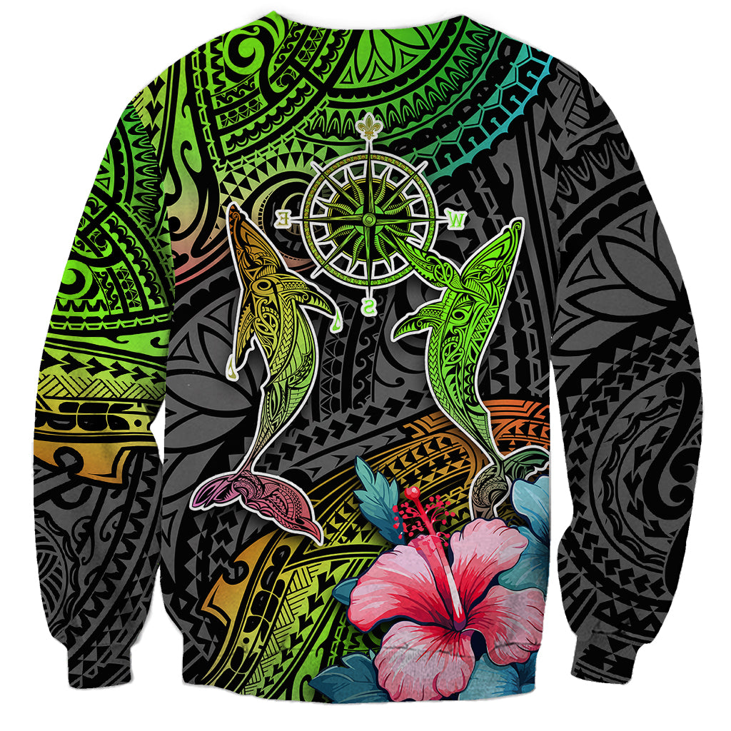 Polynesian Sweatshirt Whales and Compass Gradient Pattern TS04 - Polynesian Pride