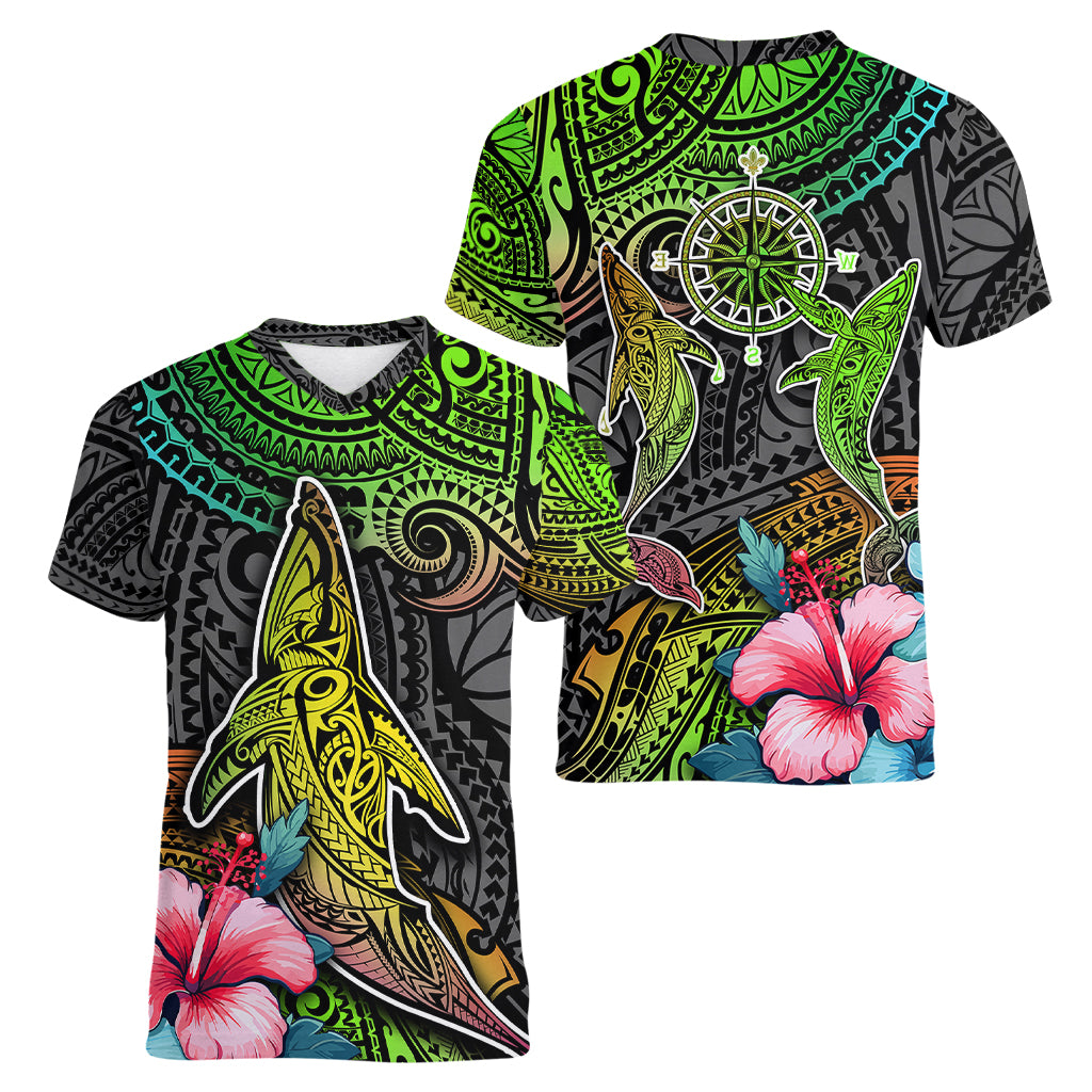 Polynesian Women V Neck T Shirt Whales and Compass Gradient Pattern TS04 - Polynesian Pride