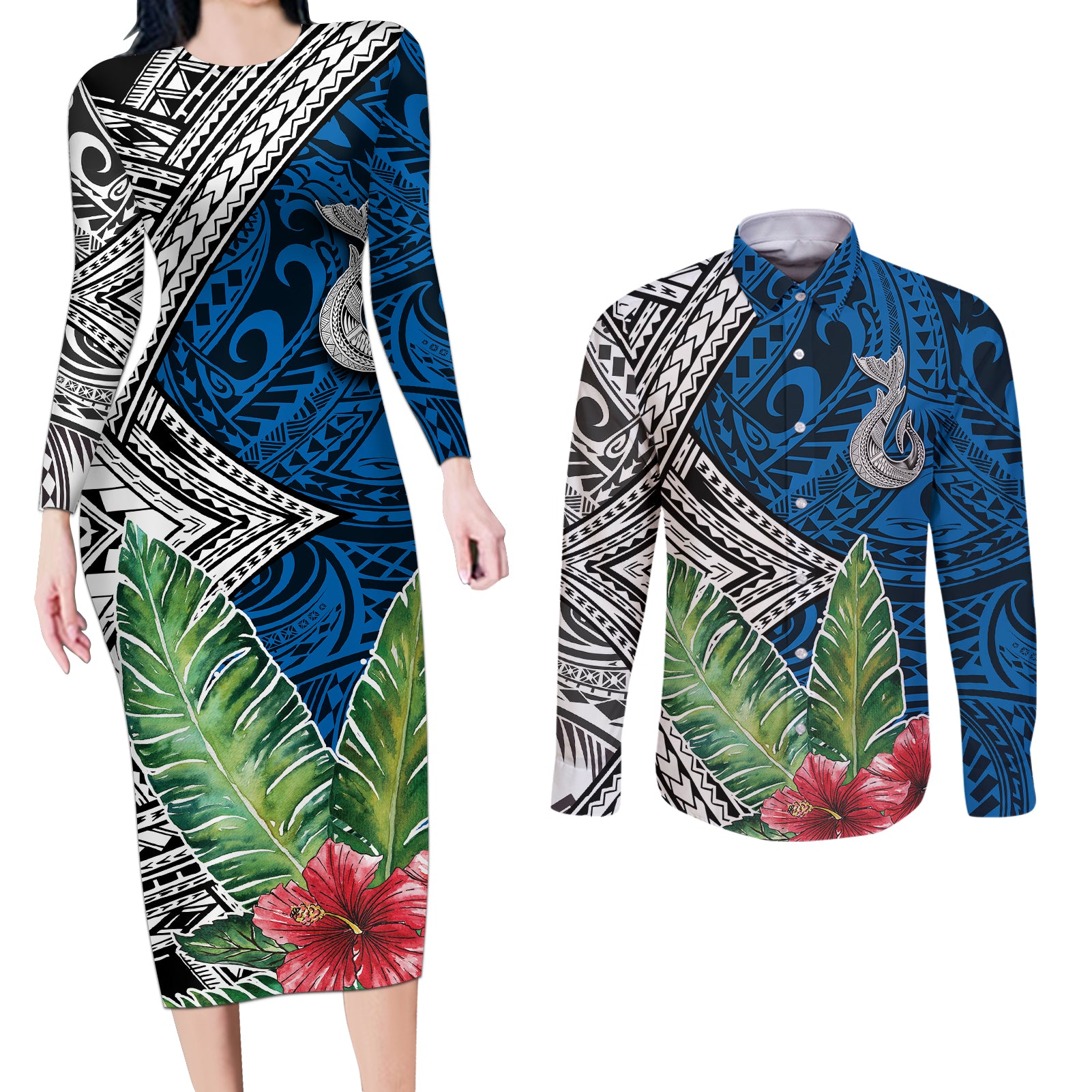 Polynesian Couples Matching Long Sleeve Bodycon Dress and Long Sleeve Button Shirts Whale Pattern and Hibiscus Flowers TS04 Multicolor - Polynesian Pride