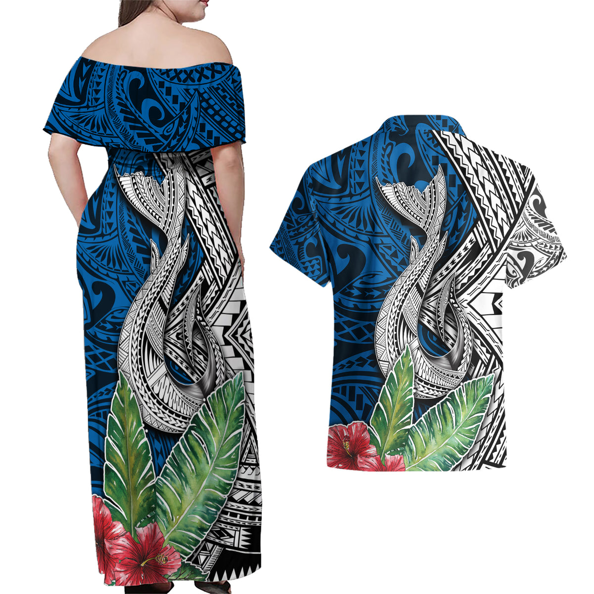 Polynesian Couples Matching Off Shoulder Maxi Dress and Hawaiian Shirt Whale Pattern and Hibiscus Flowers TS04 - Polynesian Pride