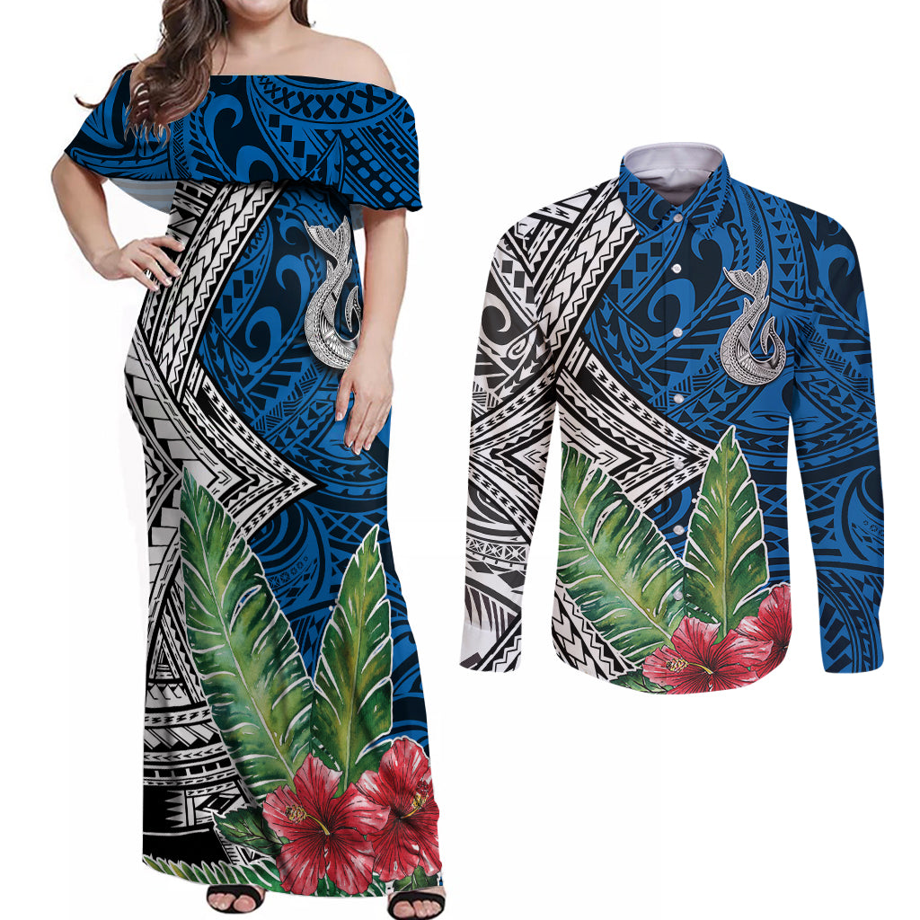 Polynesian Couples Matching Off Shoulder Maxi Dress and Long Sleeve Button Shirts Whale Pattern and Hibiscus Flowers TS04 Multicolor - Polynesian Pride
