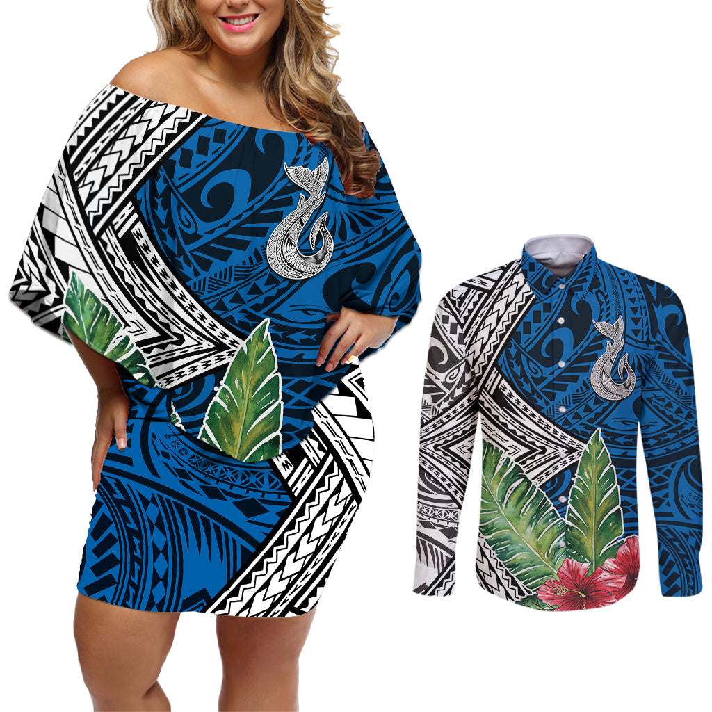 Polynesian Couples Matching Off Shoulder Short Dress and Long Sleeve Button Shirts Whale Pattern and Hibiscus Flowers TS04 Multicolor - Polynesian Pride