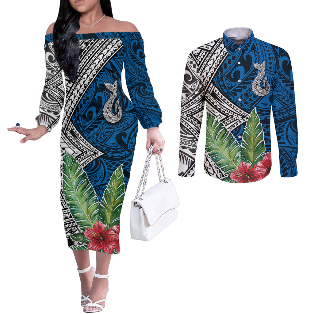 Polynesian Couples Matching Off The Shoulder Long Sleeve Dress and Long Sleeve Button Shirts Whale Pattern and Hibiscus Flowers TS04 Multicolor - Polynesian Pride