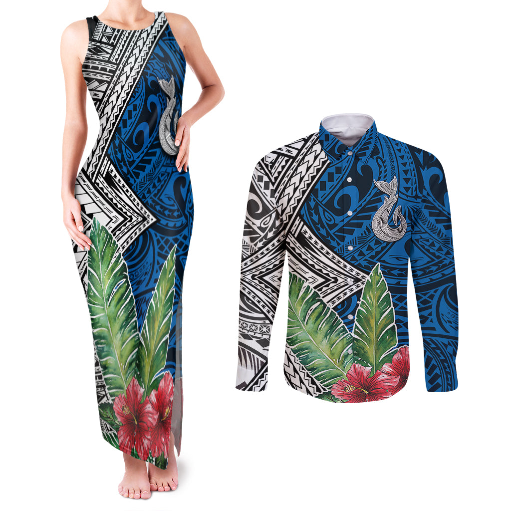 Polynesian Couples Matching Tank Maxi Dress and Long Sleeve Button Shirts Whale Pattern and Hibiscus Flowers TS04 Multicolor - Polynesian Pride