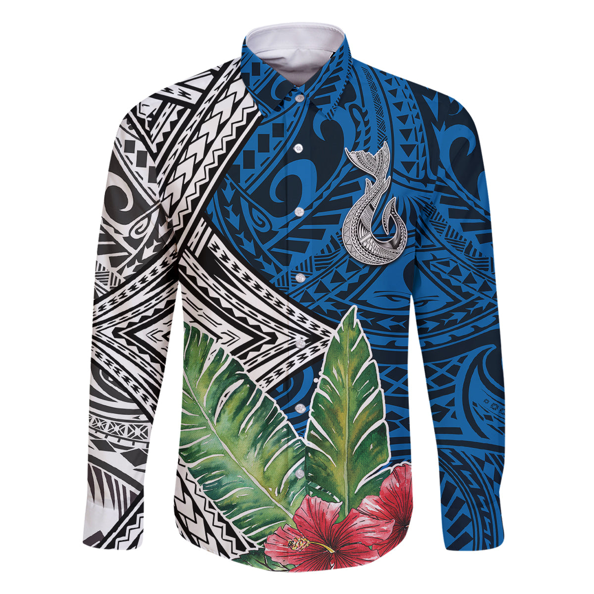 Polynesian Family Matching Off Shoulder Long Sleeve Dress and Hawaiian Shirt Whale Pattern and Hibiscus Flowers TS04 Dad's Shirt - Long Sleeve Multicolor - Polynesian Pride