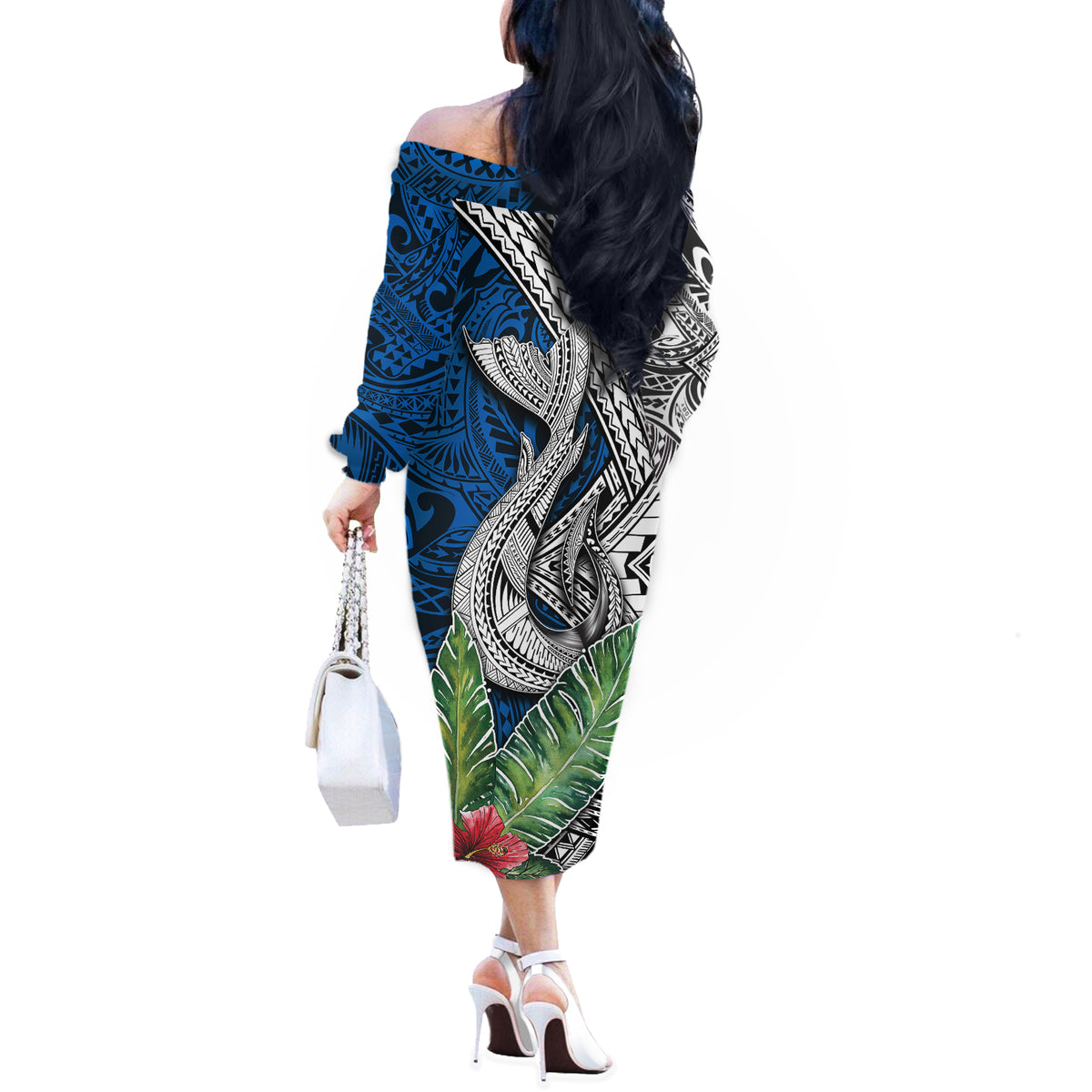 Polynesian Off The Shoulder Long Sleeve Dress Whale Pattern and Hibiscus Flowers TS04 - Polynesian Pride