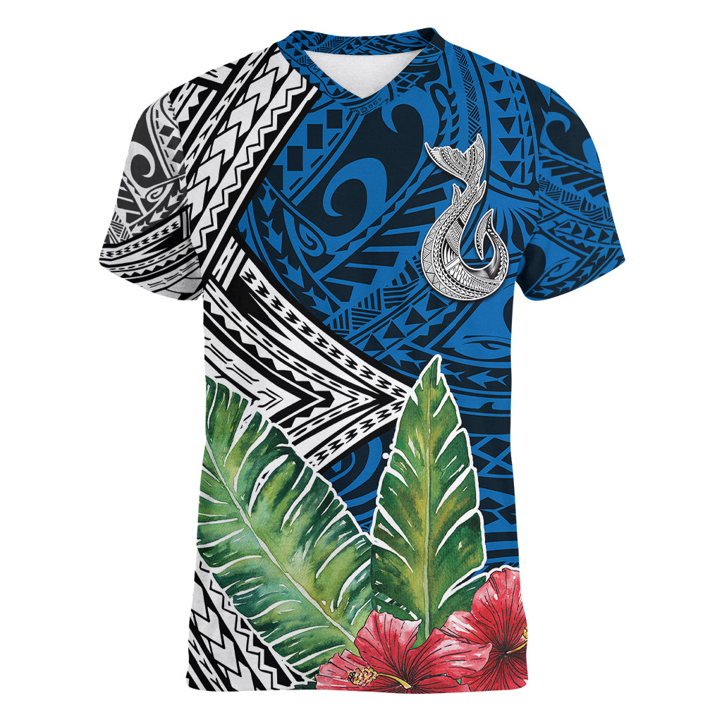 Polynesian Women V Neck T Shirt Whale Pattern and Hibiscus Flowers TS04 Female Multicolor - Polynesian Pride