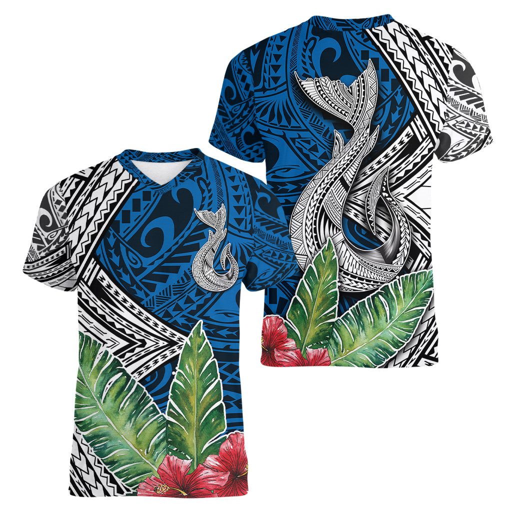 Polynesian Women V Neck T Shirt Whale Pattern and Hibiscus Flowers TS04 - Polynesian Pride