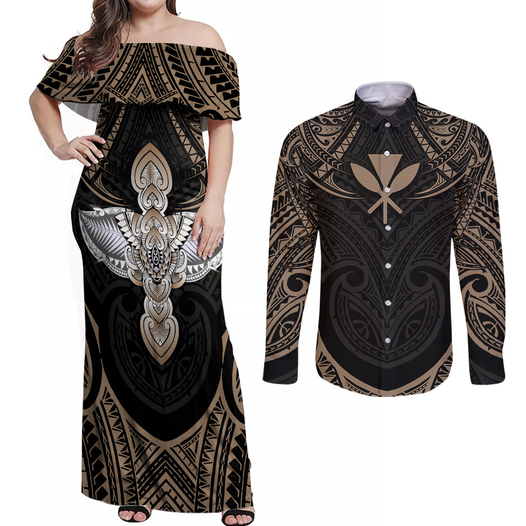 Polynesian Hawaii Tattoo Couples Matching Off Shoulder Maxi Dress and Long Sleeve Button Shirts TS04 Multicolor - Polynesian Pride
