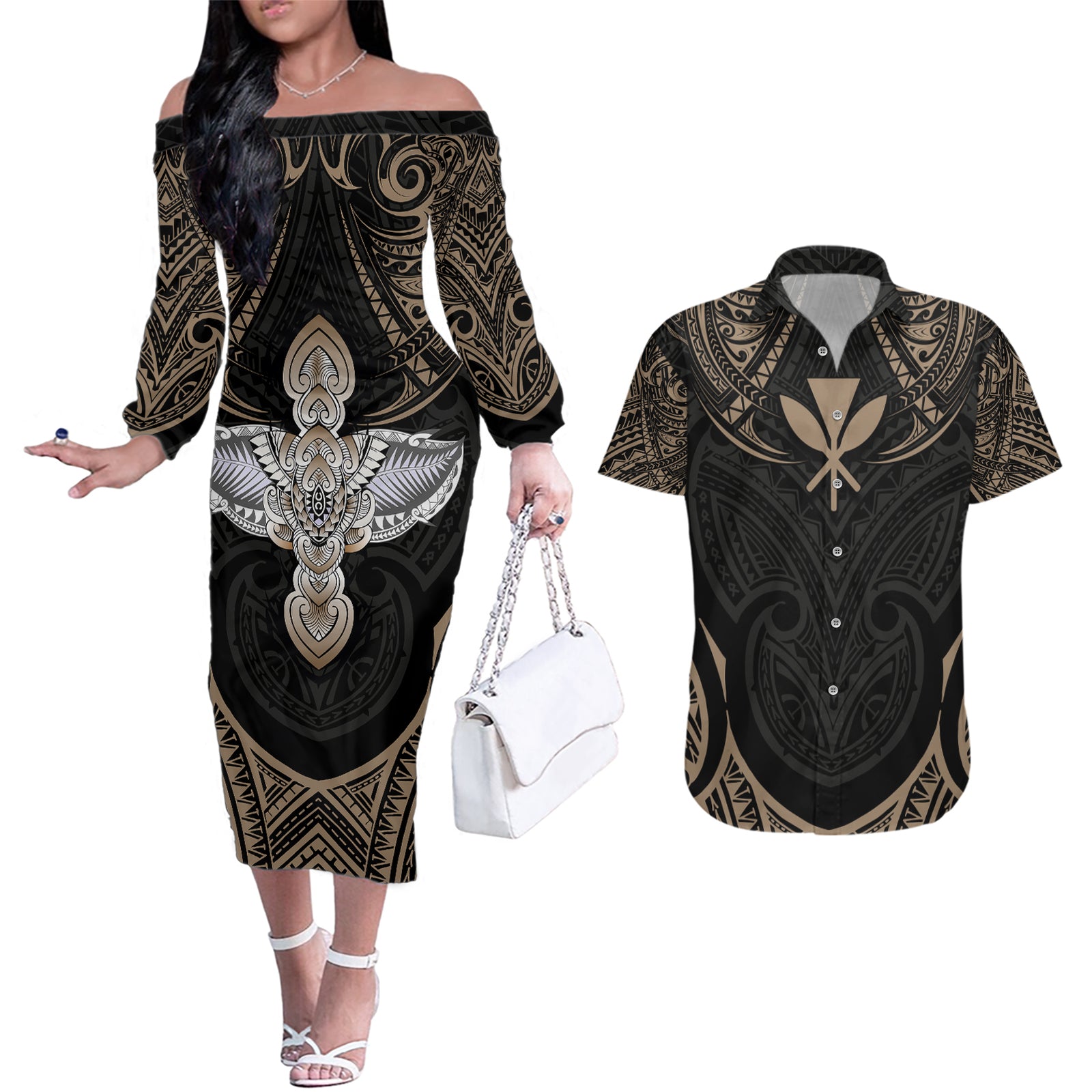 Polynesian Hawaii Tattoo Couples Matching Off The Shoulder Long Sleeve Dress and Hawaiian Shirt TS04 Multicolor - Polynesian Pride