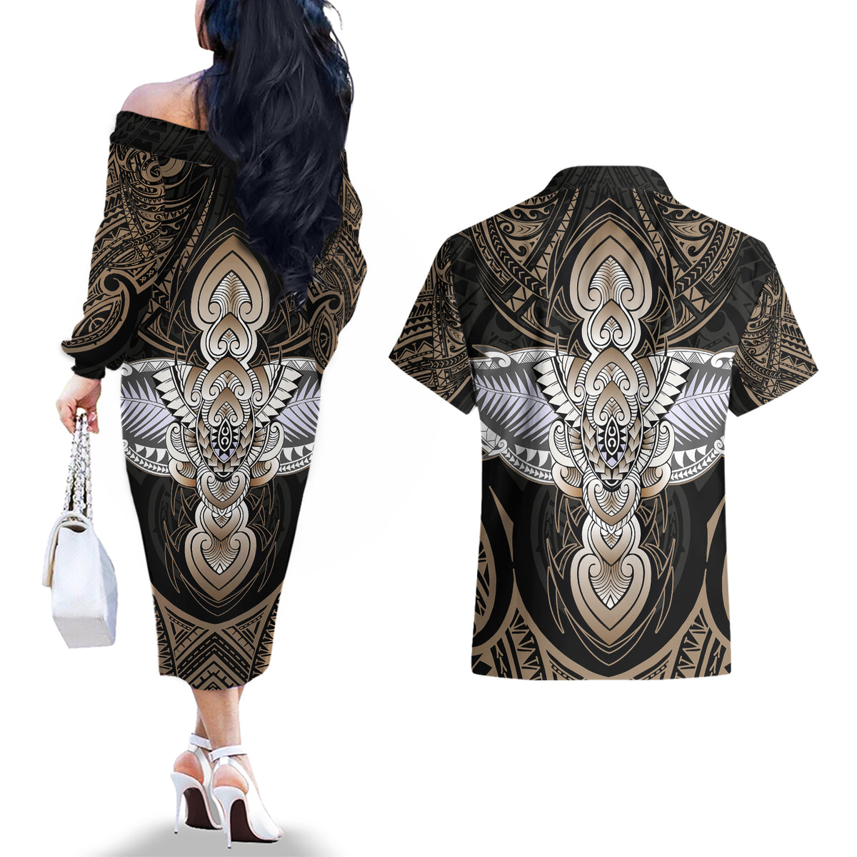 Polynesian Hawaii Tattoo Couples Matching Off The Shoulder Long Sleeve Dress and Hawaiian Shirt TS04 - Polynesian Pride