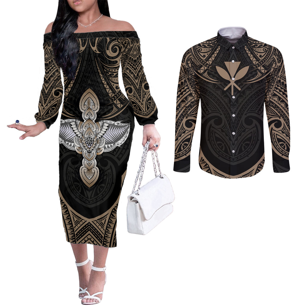 Polynesian Hawaii Tattoo Couples Matching Off The Shoulder Long Sleeve Dress and Long Sleeve Button Shirts TS04 Multicolor - Polynesian Pride