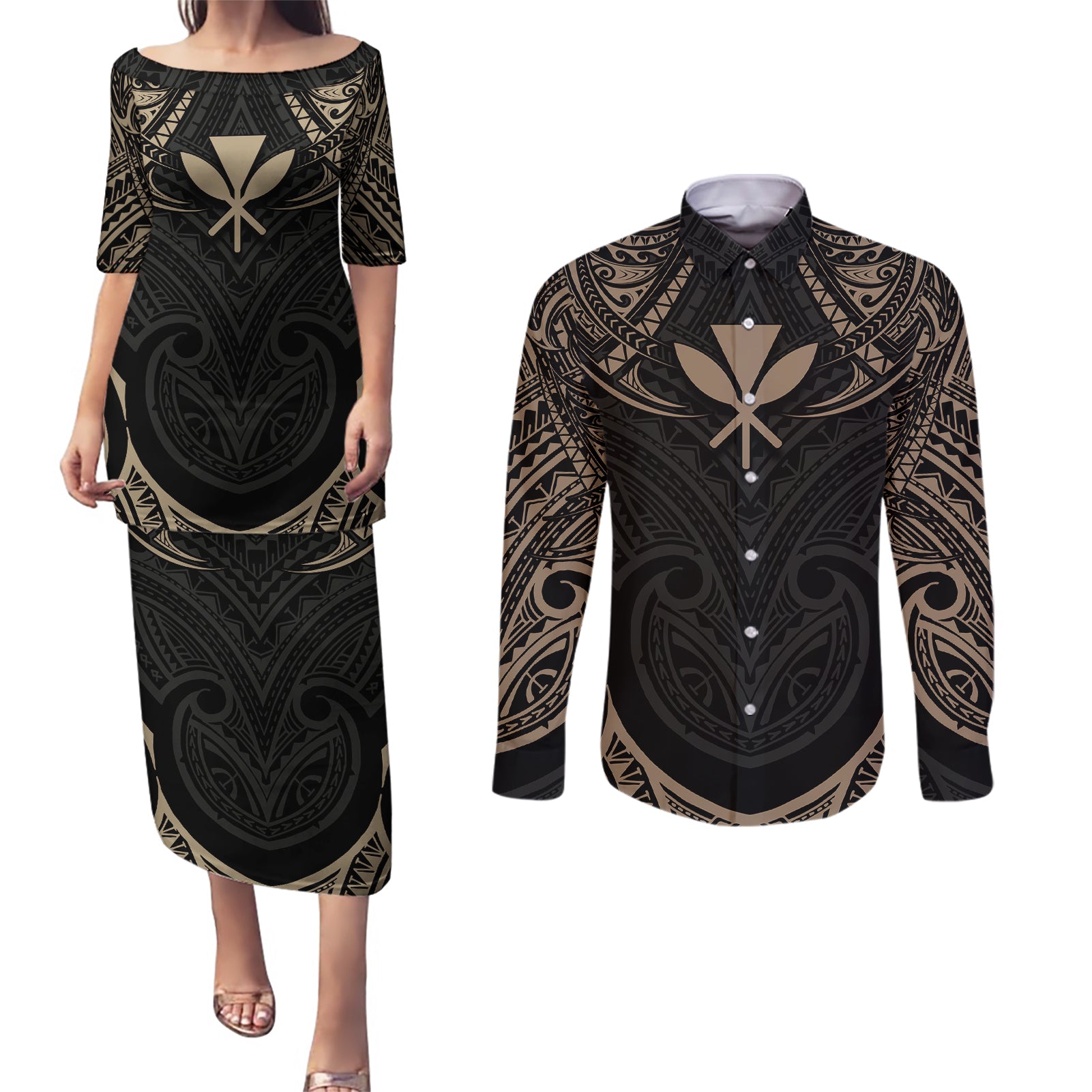Polynesian Hawaii Tattoo Couples Matching Puletasi Dress and Long Sleeve Button Shirts TS04 Multicolor - Polynesian Pride