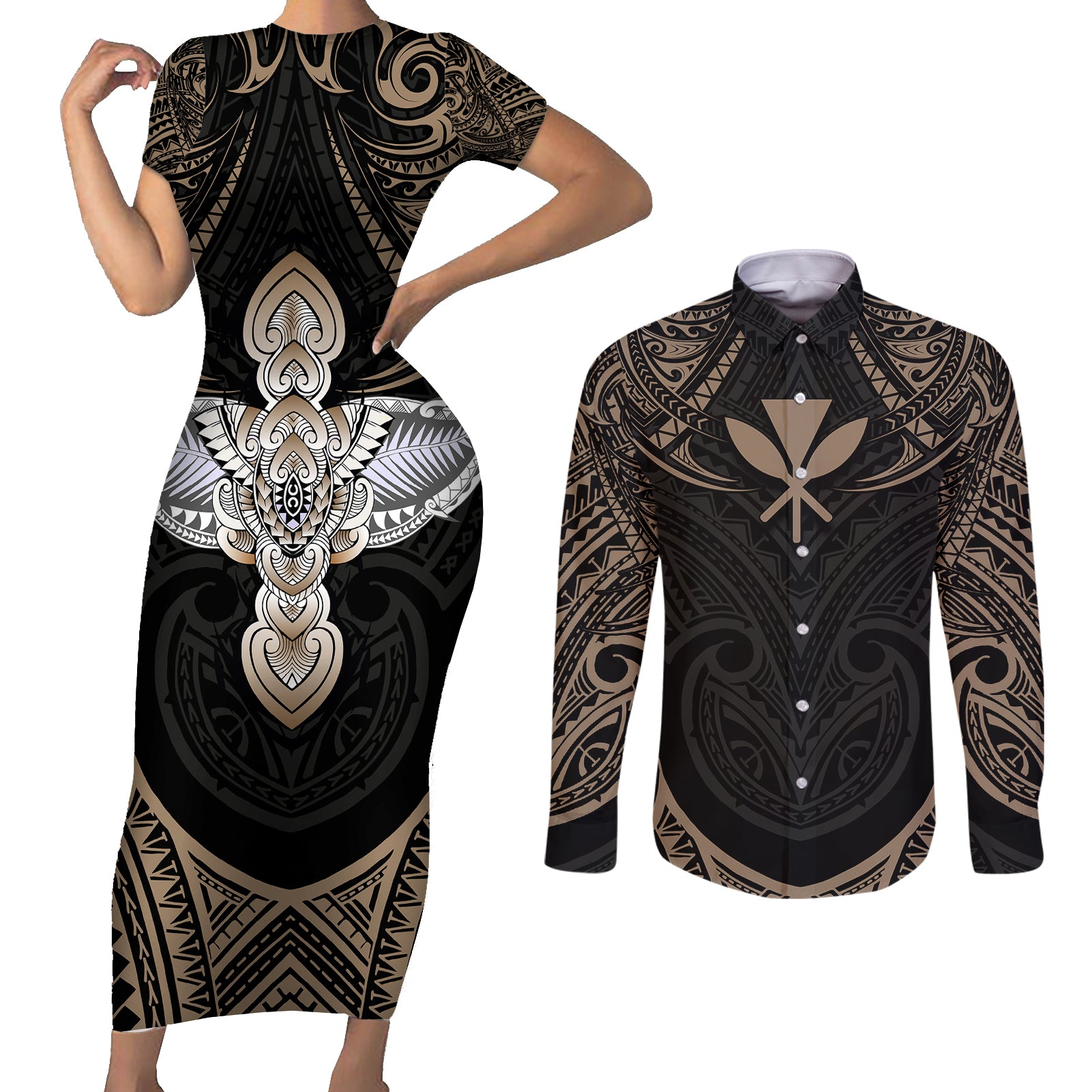 Polynesian Hawaii Tattoo Couples Matching Short Sleeve Bodycon Dress and Long Sleeve Button Shirts TS04 Multicolor - Polynesian Pride