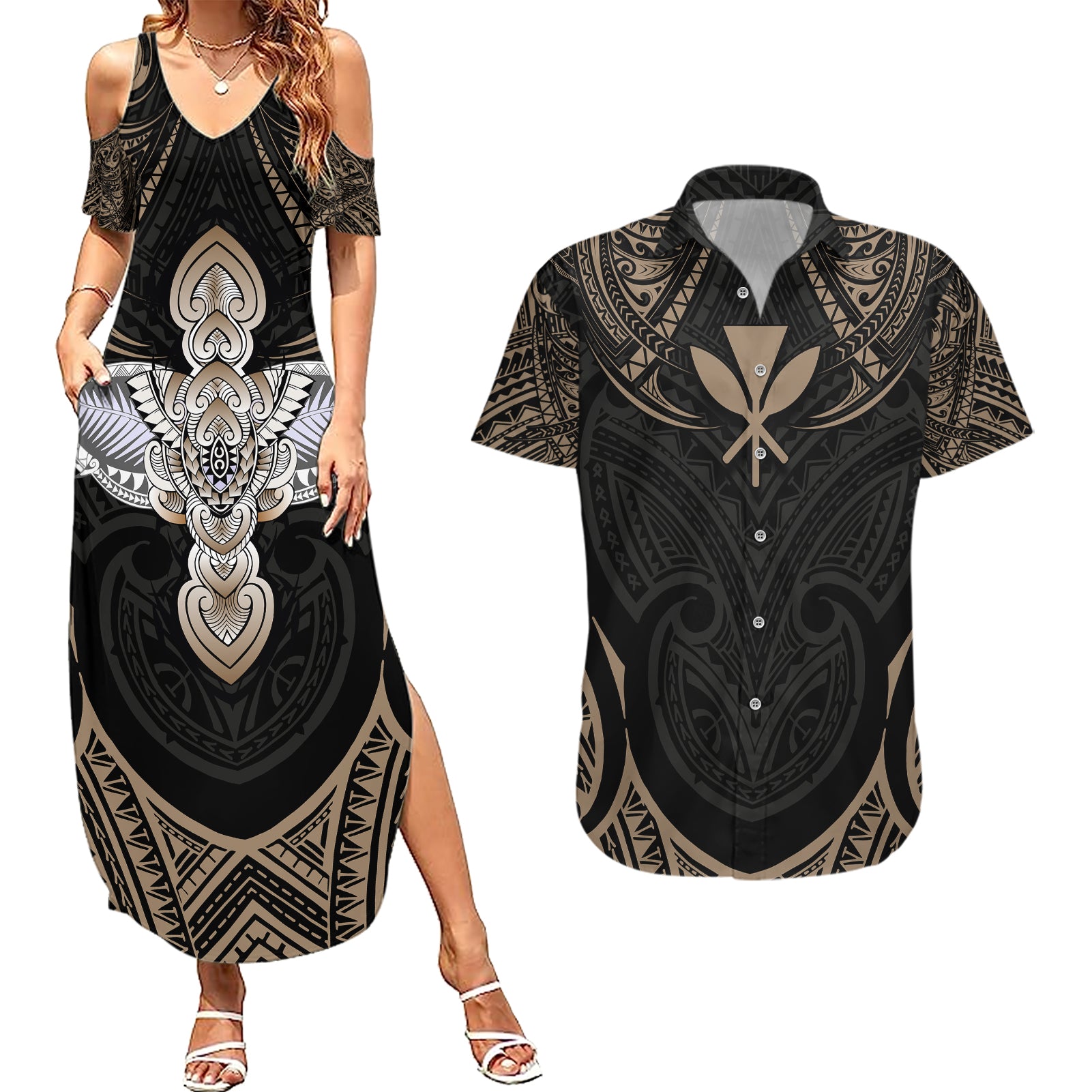 Polynesian Hawaii Tattoo Couples Matching Summer Maxi Dress and Hawaiian Shirt TS04 Multicolor - Polynesian Pride