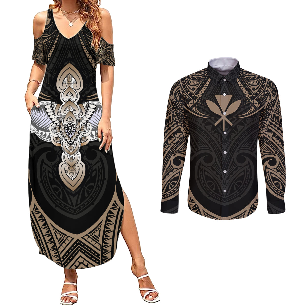Polynesian Hawaii Tattoo Couples Matching Summer Maxi Dress and Long Sleeve Button Shirts TS04 Multicolor - Polynesian Pride