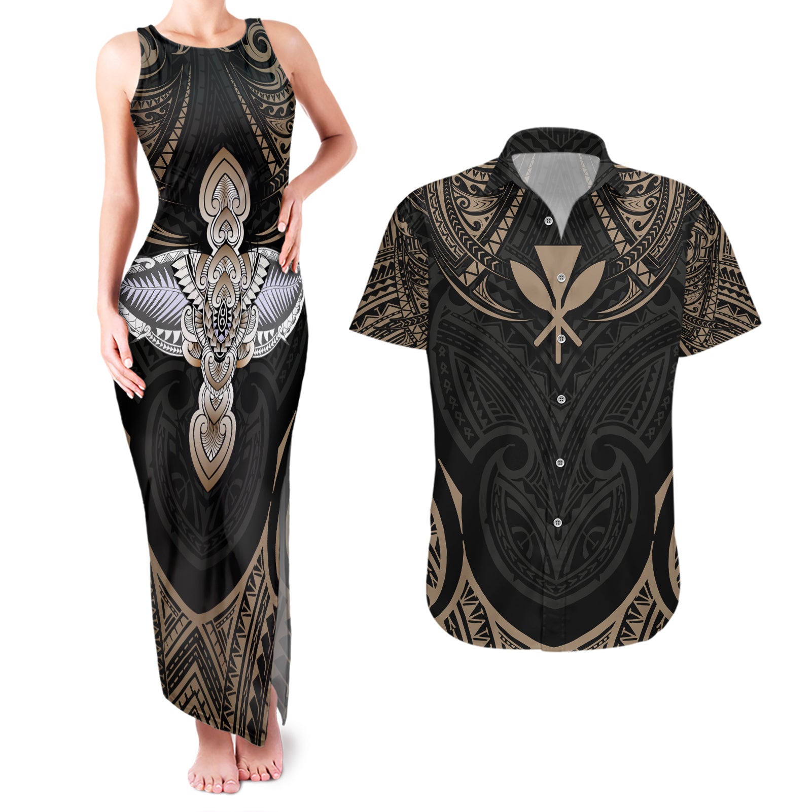Polynesian Hawaii Tattoo Couples Matching Tank Maxi Dress and Hawaiian Shirt TS04 Multicolor - Polynesian Pride