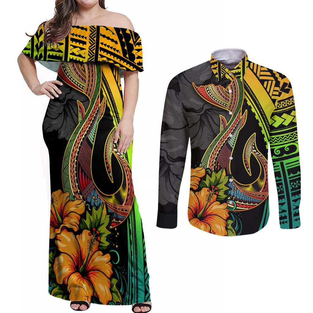 Hawaii Couples Matching Off Shoulder Maxi Dress and Long Sleeve Button Shirts Polynesian Fish Hook and Hibiscus Flowers with Gradient Pattern TS04 Multicolor - Polynesian Pride