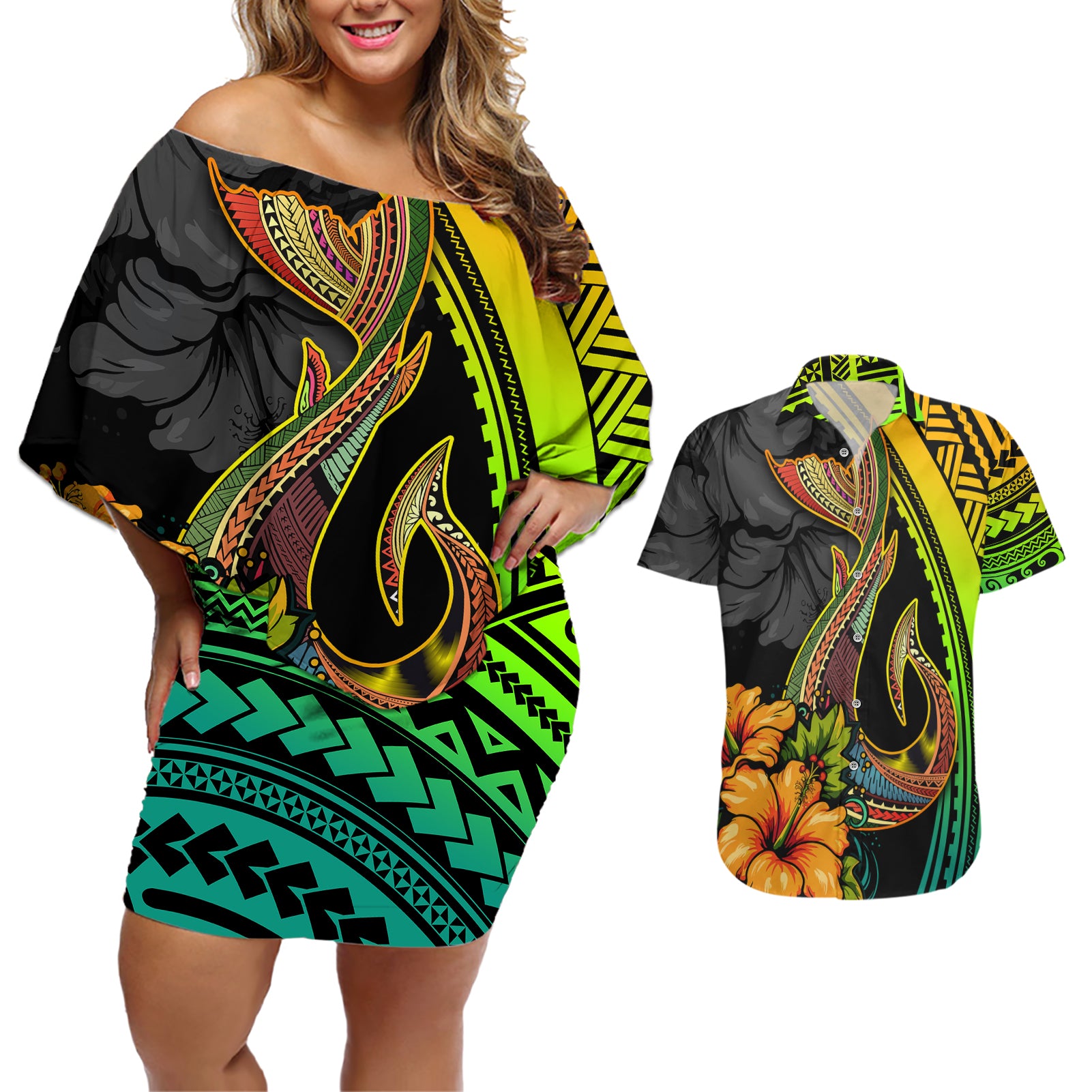 Hawaii Couples Matching Off Shoulder Short Dress and Hawaiian Shirt Polynesian Fish Hook and Hibiscus Flowers with Gradient Pattern TS04 Multicolor - Polynesian Pride