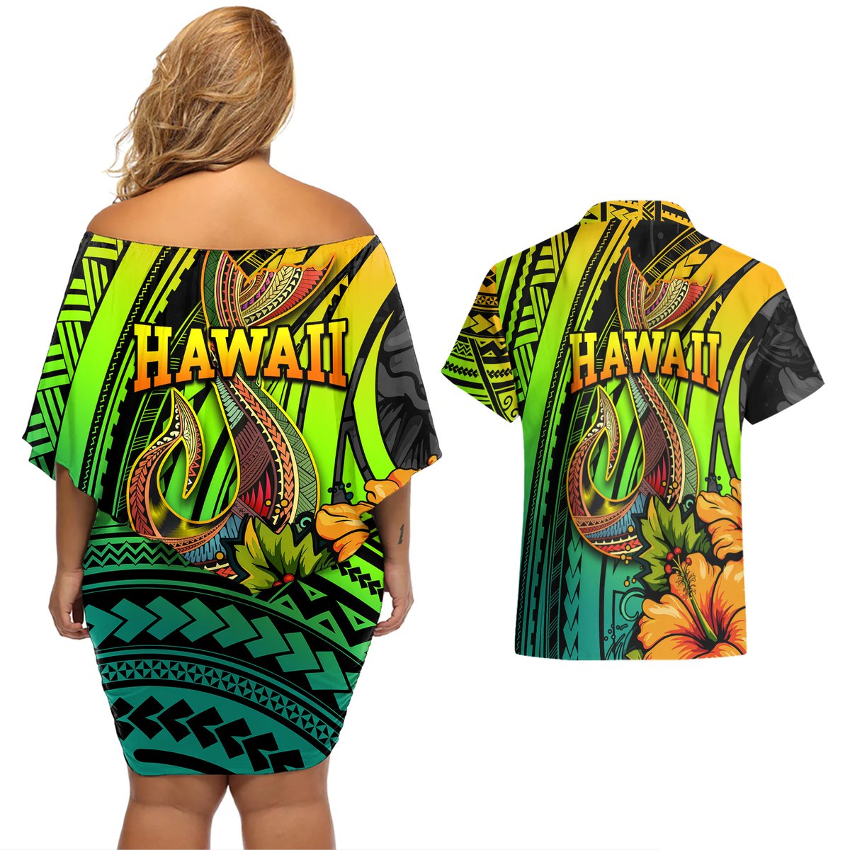 Hawaii Couples Matching Off Shoulder Short Dress and Hawaiian Shirt Polynesian Fish Hook and Hibiscus Flowers with Gradient Pattern TS04 - Polynesian Pride