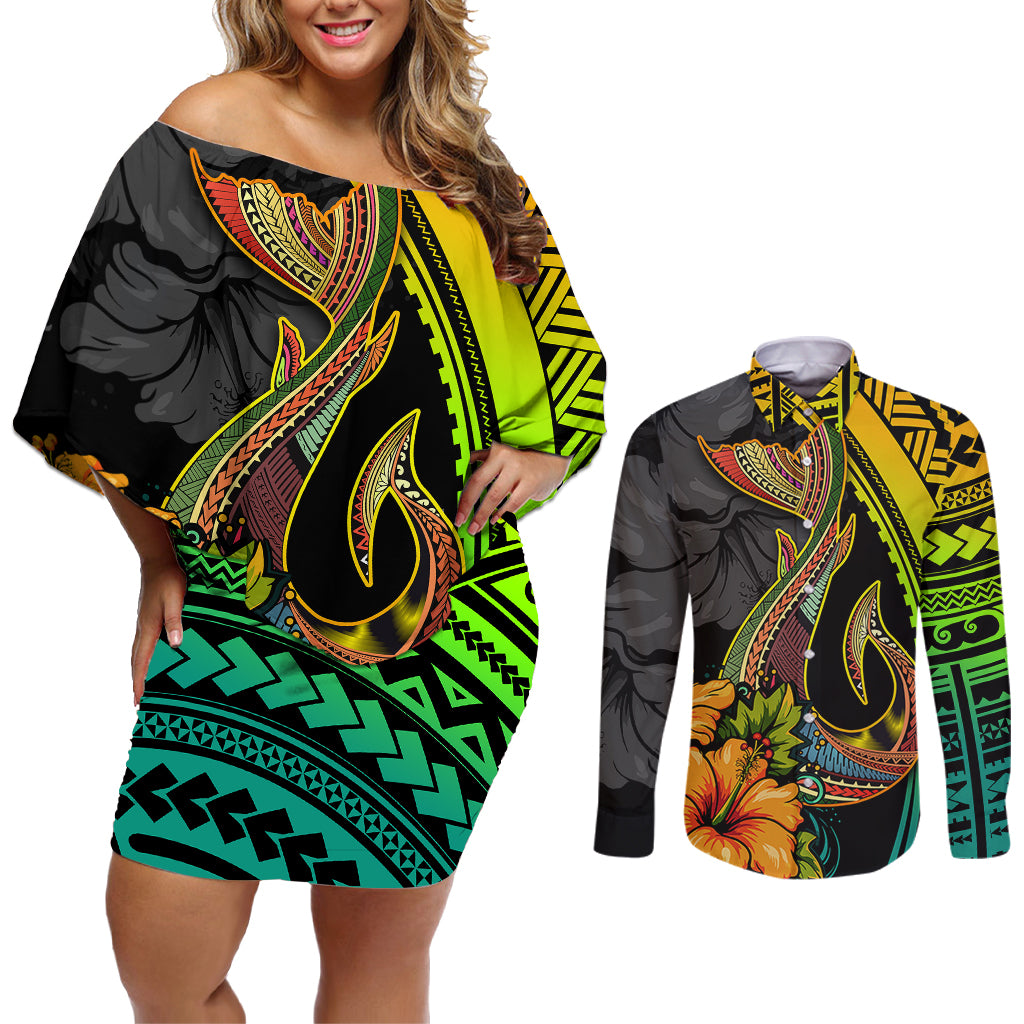 Hawaii Couples Matching Off Shoulder Short Dress and Long Sleeve Button Shirts Polynesian Fish Hook and Hibiscus Flowers with Gradient Pattern TS04 Multicolor - Polynesian Pride