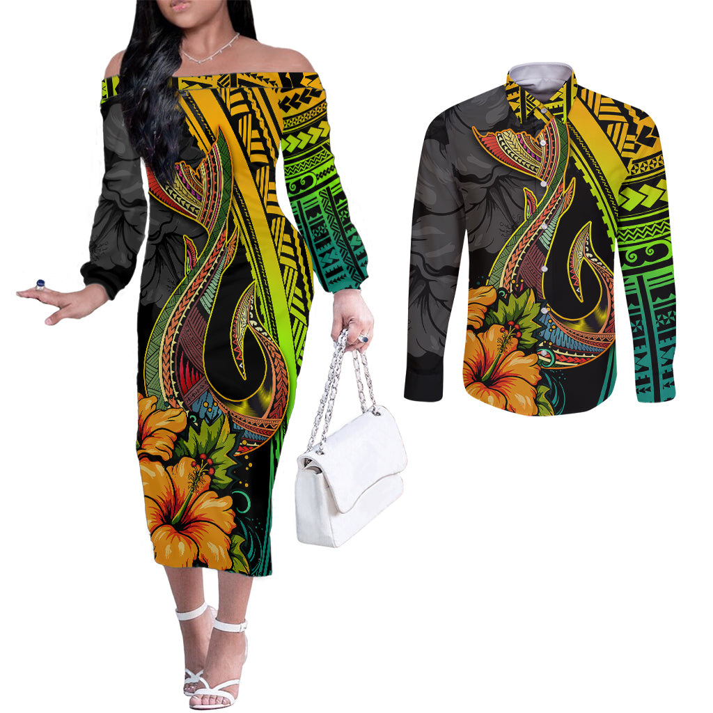 Hawaii Couples Matching Off The Shoulder Long Sleeve Dress and Long Sleeve Button Shirts Polynesian Fish Hook and Hibiscus Flowers with Gradient Pattern TS04 Multicolor - Polynesian Pride