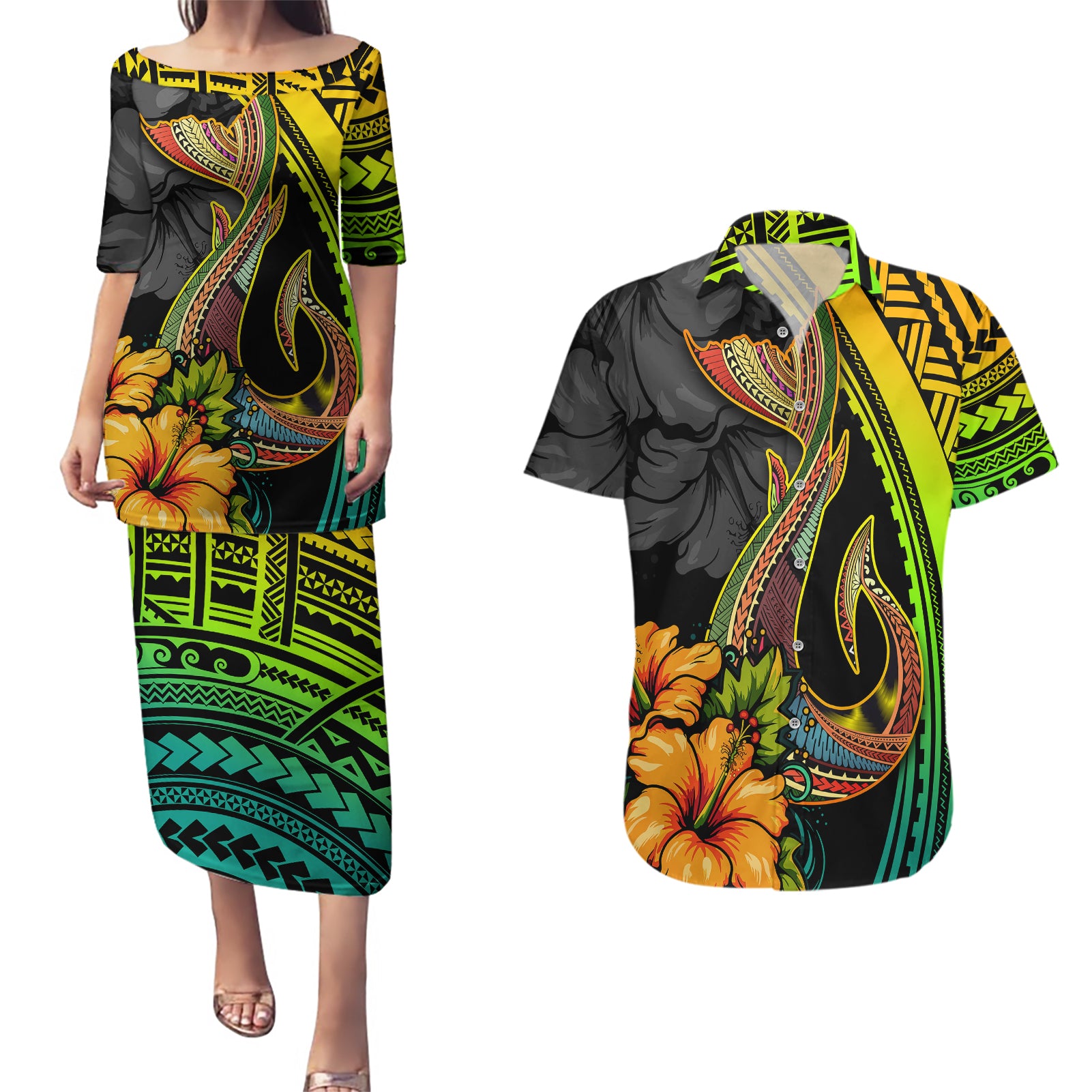 Hawaii Couples Matching Puletasi Dress and Hawaiian Shirt Polynesian Fish Hook and Hibiscus Flowers with Gradient Pattern TS04 Multicolor - Polynesian Pride