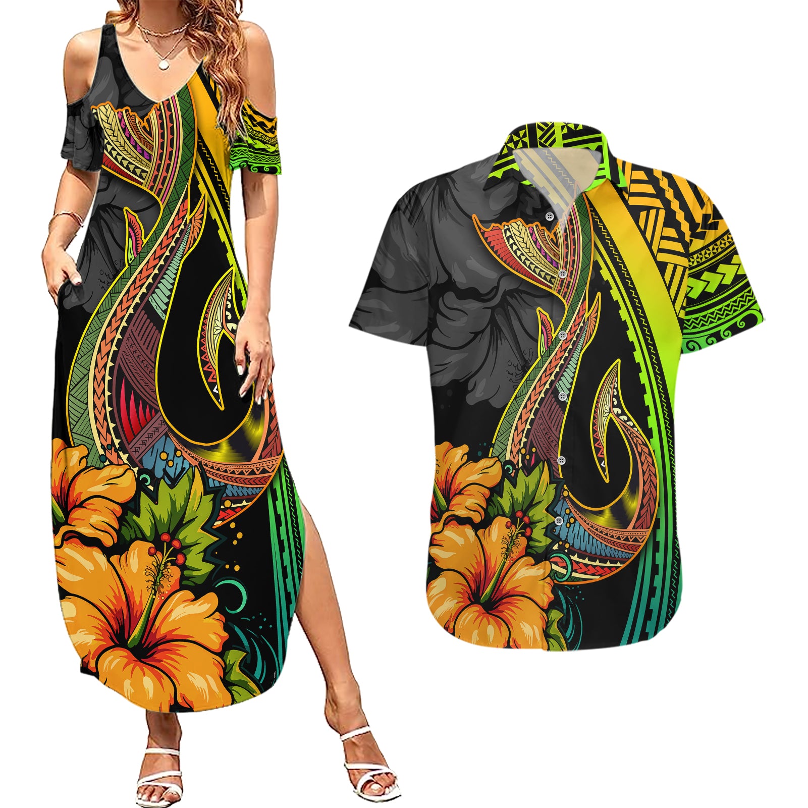 Hawaii Couples Matching Summer Maxi Dress and Hawaiian Shirt Polynesian Fish Hook and Hibiscus Flowers with Gradient Pattern TS04 Multicolor - Polynesian Pride