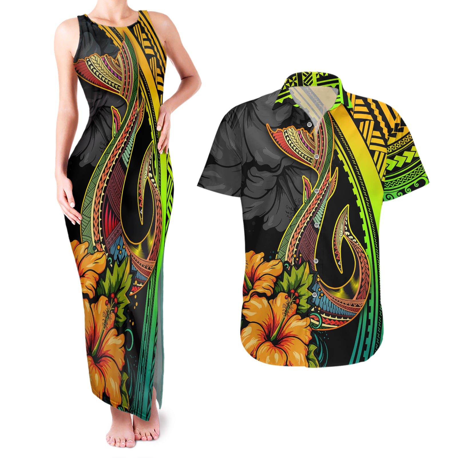 Hawaii Couples Matching Tank Maxi Dress and Hawaiian Shirt Polynesian Fish Hook and Hibiscus Flowers with Gradient Pattern TS04 Multicolor - Polynesian Pride