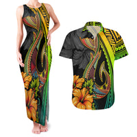 Hawaii Couples Matching Tank Maxi Dress and Hawaiian Shirt Polynesian Fish Hook and Hibiscus Flowers with Gradient Pattern TS04 Multicolor - Polynesian Pride