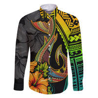Hawaii Family Matching Short Sleeve Bodycon Dress and Hawaiian Shirt Polynesian Fish Hook and Hibiscus Flowers with Gradient Pattern TS04 Dad's Shirt - Long Sleeve Multicolor - Polynesian Pride