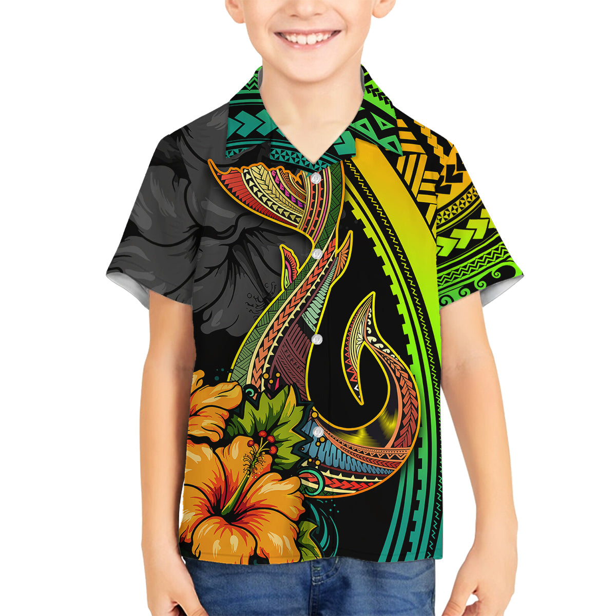 Hawaii Family Matching Summer Maxi Dress and Hawaiian Shirt Polynesian Fish Hook and Hibiscus Flowers with Gradient Pattern TS04 Son's Shirt Multicolor - Polynesian Pride