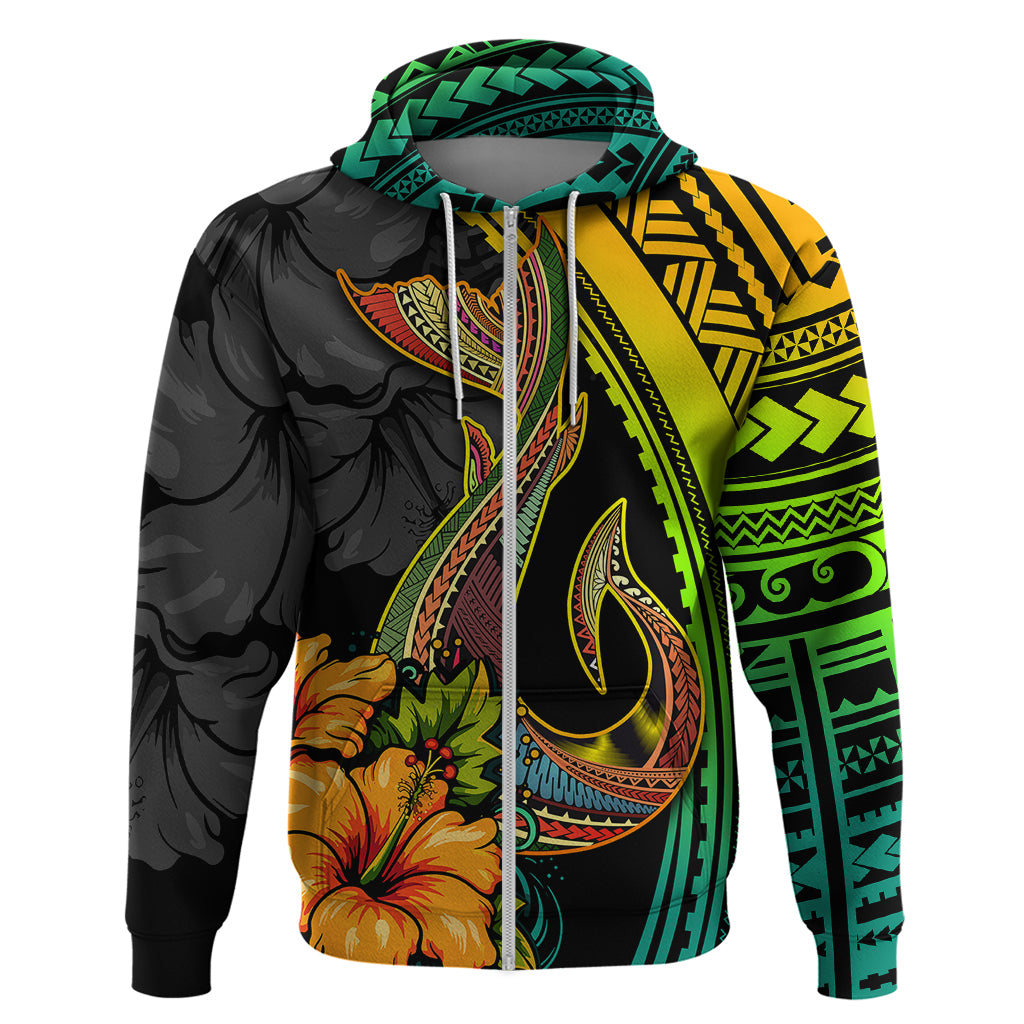 Hawaii Hoodie Polynesian Fish Hook and Hibiscus Flowers with Gradient Pattern TS04 Zip Hoodie Multicolor - Polynesian Pride