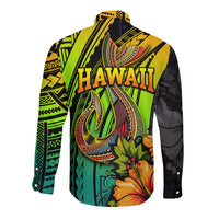 Hawaii Long Sleeve Button Shirt Polynesian Fish Hook and Hibiscus Flowers with Gradient Pattern TS04 - Polynesian Pride