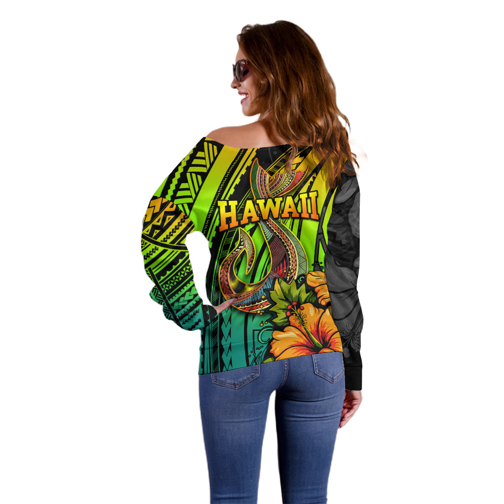 Hawaii Off Shoulder Sweater Polynesian Fish Hook and Hibiscus Flowers with Gradient Pattern TS04 - Polynesian Pride