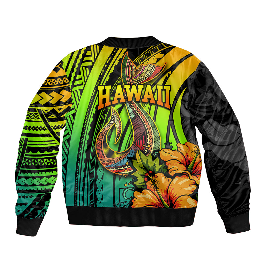 Hawaii Sleeve Zip Bomber Jacket Polynesian Fish Hook and Hibiscus Flowers with Gradient Pattern TS04 - Polynesian Pride