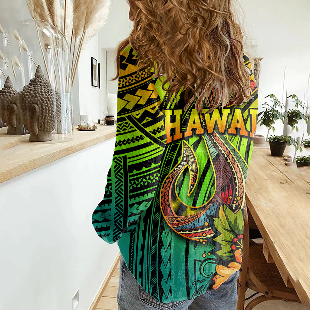 Hawaii Women Casual Shirt Polynesian Fish Hook and Hibiscus Flowers with Gradient Pattern TS04 - Polynesian Pride