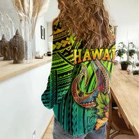 Hawaii Women Casual Shirt Polynesian Fish Hook and Hibiscus Flowers with Gradient Pattern TS04 - Polynesian Pride