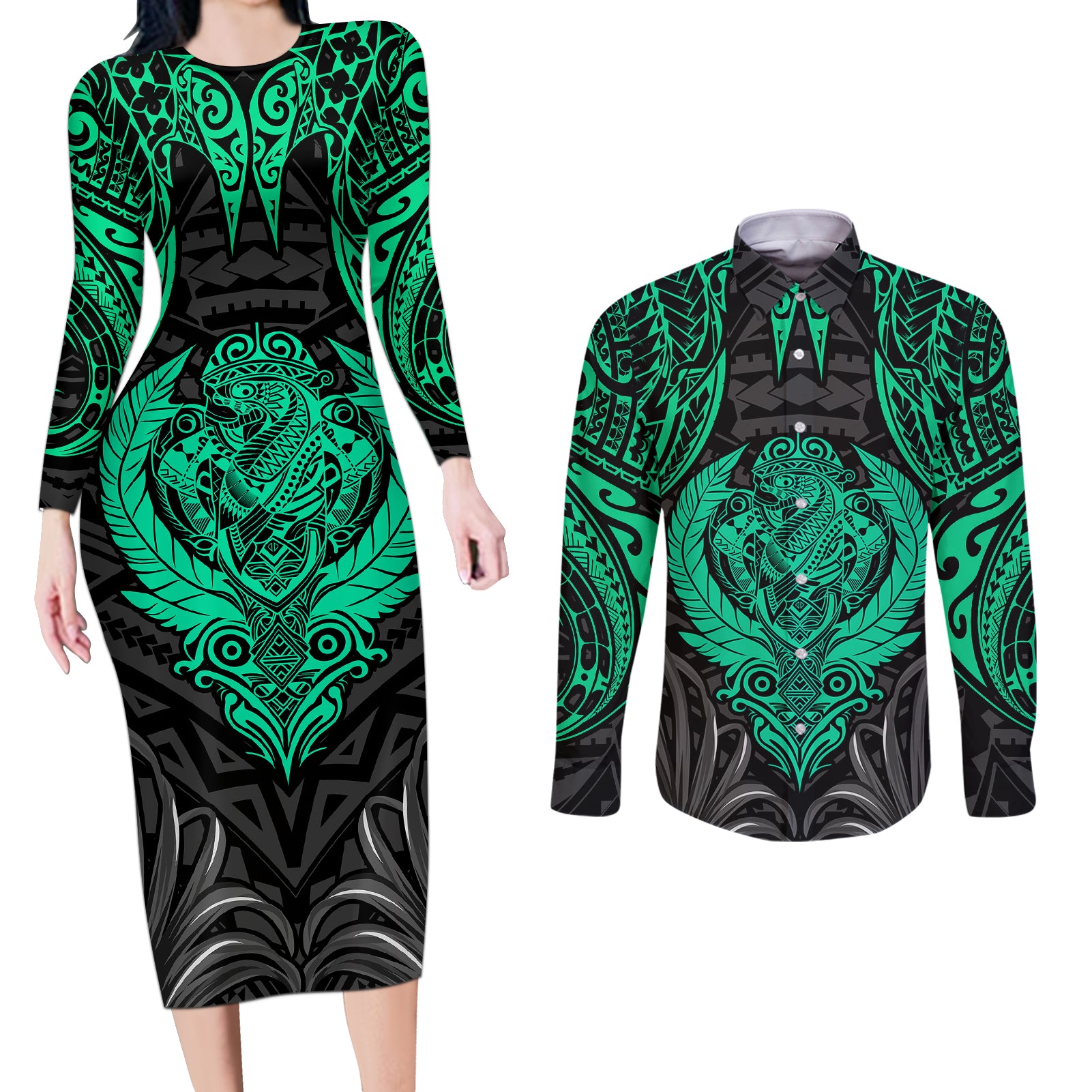 Polynesian Couples Matching Long Sleeve Bodycon Dress and Long Sleeve Button Shirts Abstract Tiki TS04 Black/Yellow - Polynesian Pride
