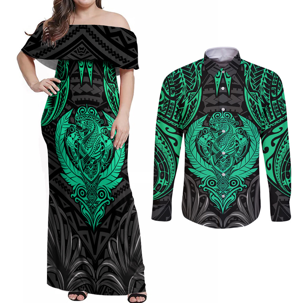 Polynesian Couples Matching Off Shoulder Maxi Dress and Long Sleeve Button Shirts Abstract Tiki TS04 Black/Yellow - Polynesian Pride
