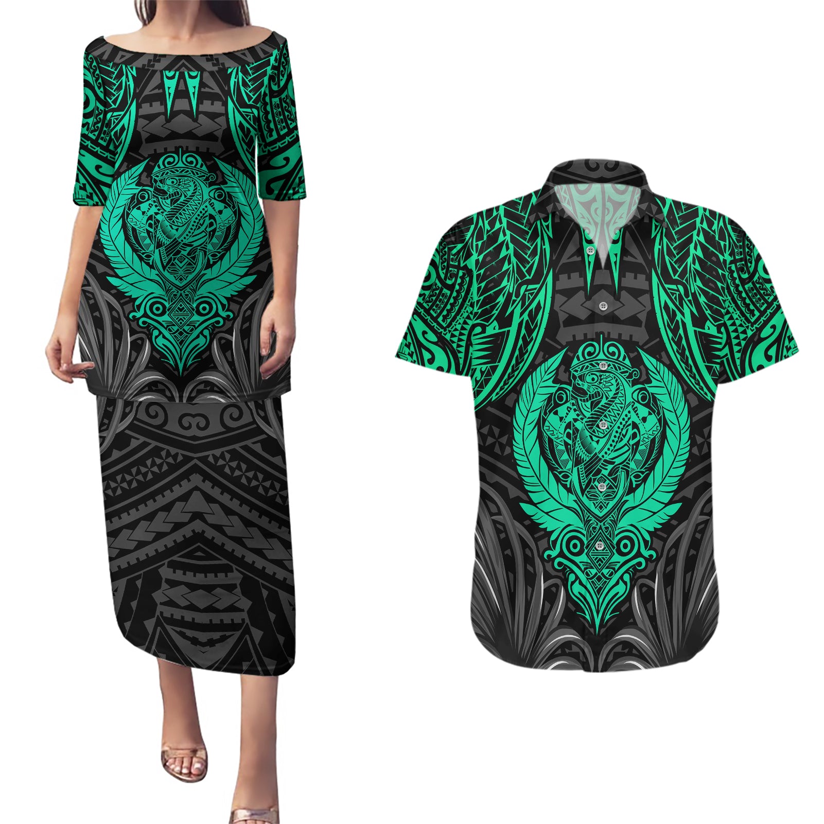 Polynesian Couples Matching Puletasi Dress and Hawaiian Shirt Abstract Tiki TS04 Black/Yellow - Polynesian Pride
