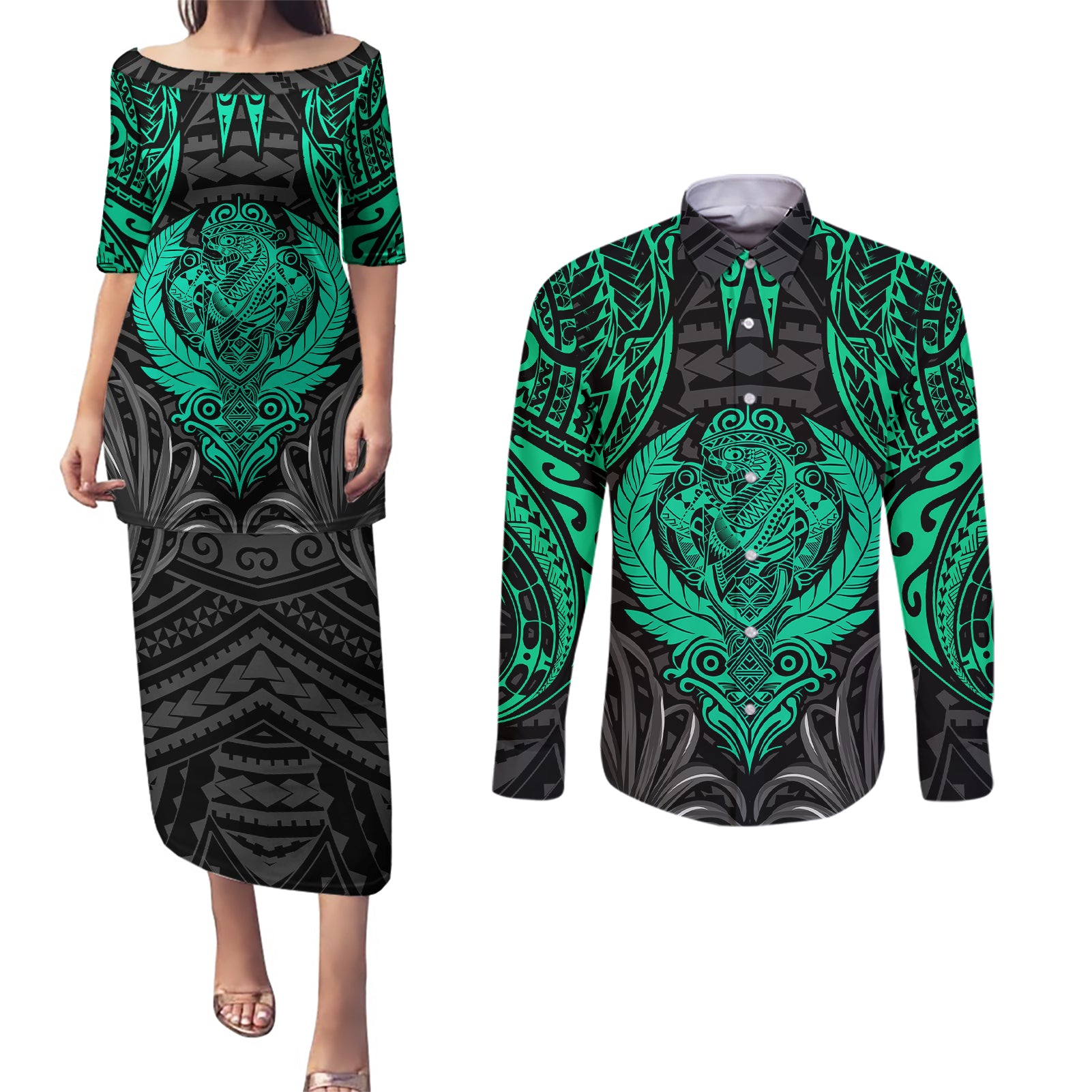 Polynesian Couples Matching Puletasi Dress and Long Sleeve Button Shirts Abstract Tiki TS04 Black/Yellow - Polynesian Pride