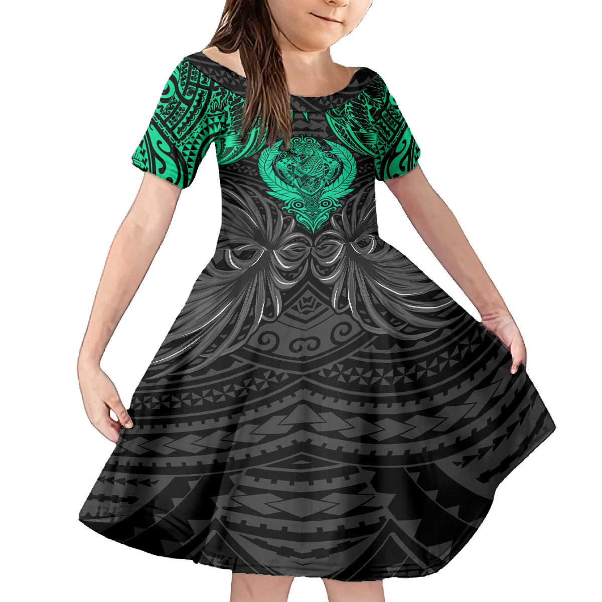 Polynesian Family Matching Off Shoulder Maxi Dress and Hawaiian Shirt Abstract Tiki TS04 Daughter's Dress Black Yellow - Polynesian Pride