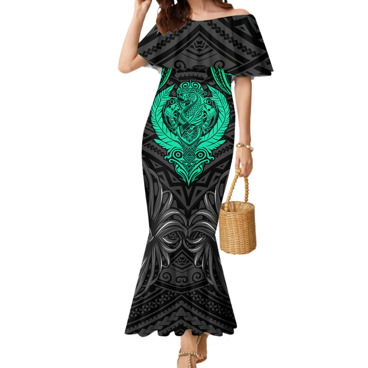 Polynesian Mermaid Dress Abstract Tiki TS04 Women Black/Yellow - Polynesian Pride